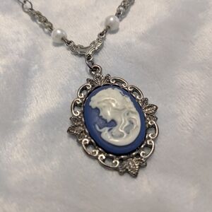 Elegant Blue and Silver Cameo Necklace